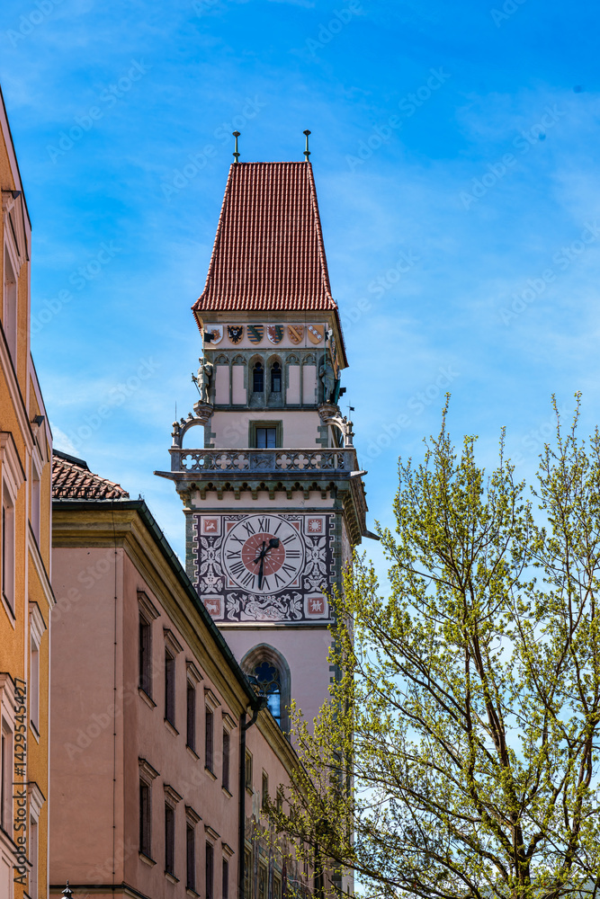 The town hall of Passau, Germany is located in the old town of Passau on the Rathausplatz, near the banks of the Danube