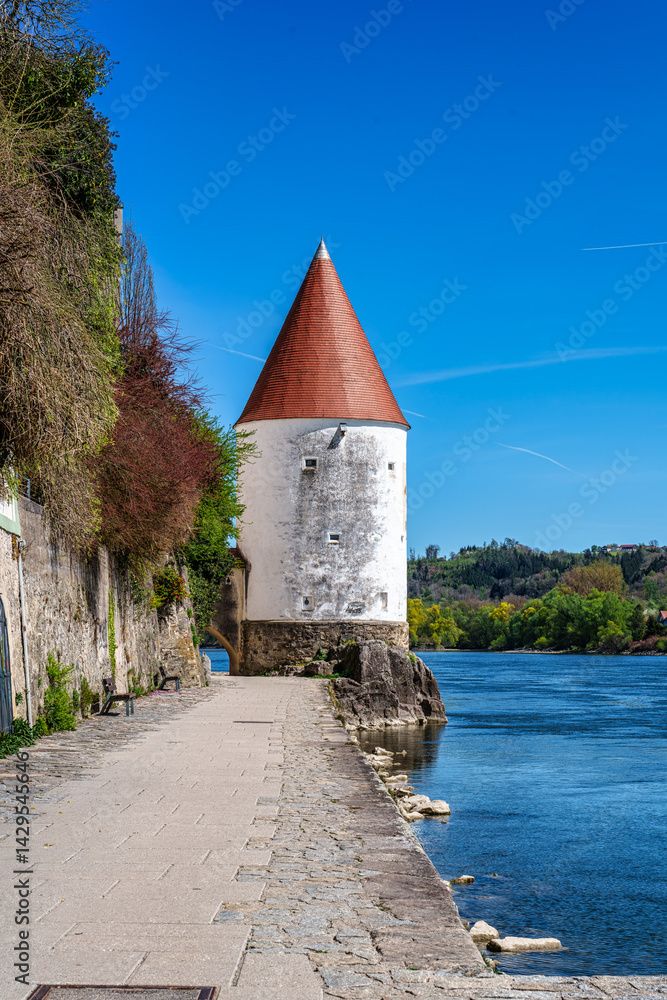 Schaiblingsturm at Innkai in Passau, Germany. Formerly a defensive tower, it was later used as salt storage