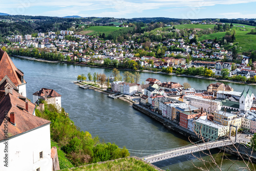 Confluence of rivers Inn, Danube and Ilz in Passau, Bavaria, Germany. The City of Three Rivers