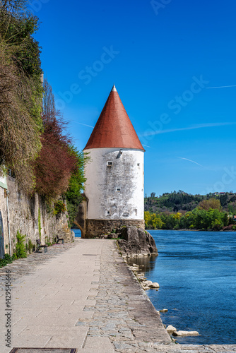 Schaiblingsturm at Innkai in Passau, Germany. Formerly a defensive tower, it was later used as salt storage