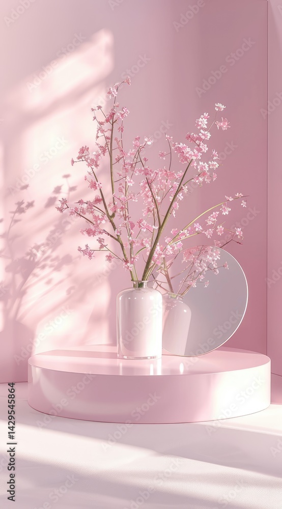 A pink podium with an oval mirror in the center, surrounded by soft shadows and gentle lighting, creating a serene atmosphere for product display A pink podium with an oval mirror in the center, surrounded by soft shadows and gentle lighting, creating a serene atmosphere for product display