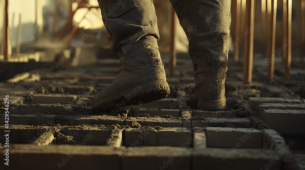 Construction Worker Walking on Freshly Laid Bricks Construction Worker Walking on Freshly Laid Bricks