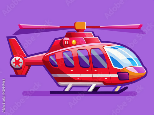 A playful vector of a red helicopter in side view, placed on a solid light purple background