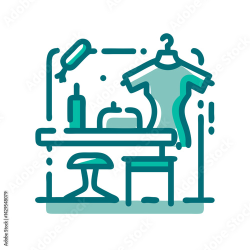 Atelier icon featuring a designer's workspace with a dress form and sewing tools in a creative design