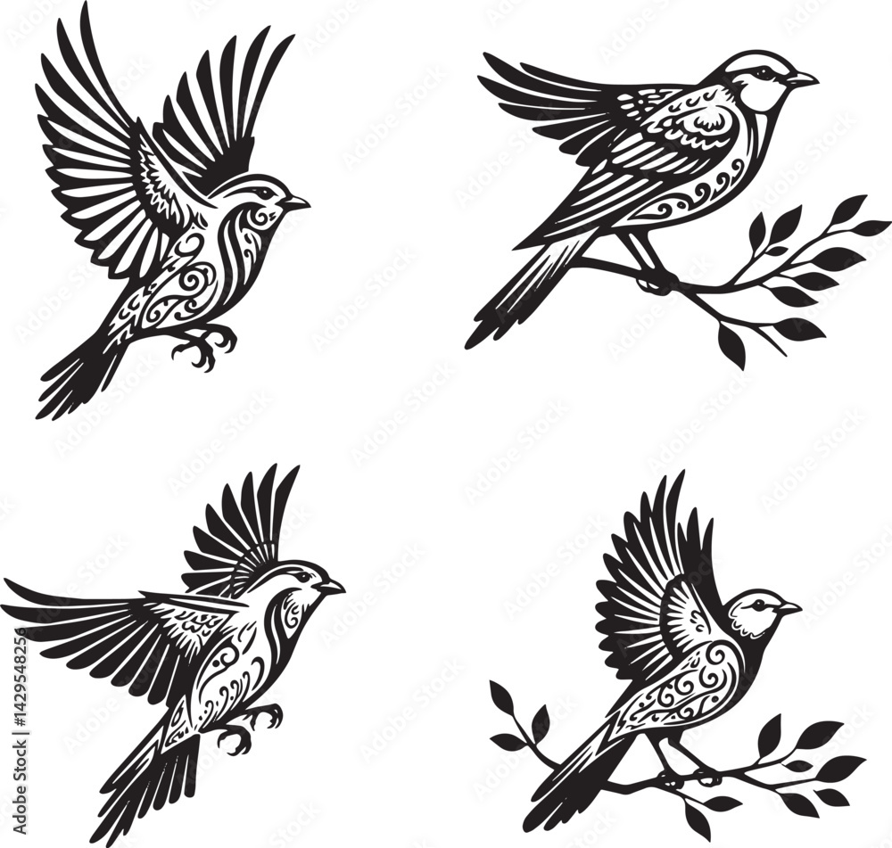 Obraz premium Four black and white bird illustrations in different poses with decorative patterns and foliage elements