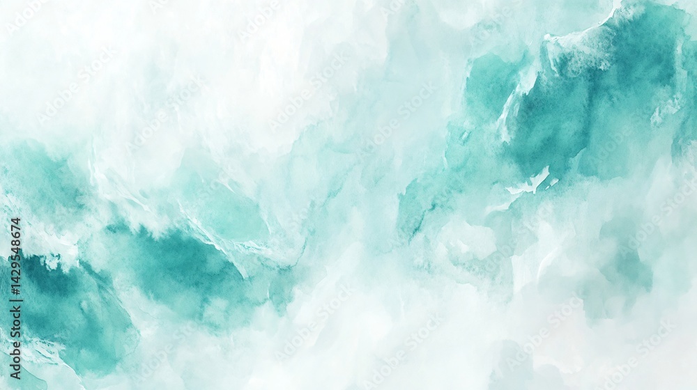 Fototapeta premium Gentle watercolor waves with turquoise fading to white foam, loose brush strokes suggesting movement