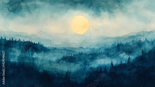 Ethereal watercolor moonlit landscape in cool blue gradients with soft yellow moon glow