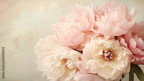 Fototapeta Naklejka Na Ścianę i Meble -  Soft watercolor bouquet of peonies in pastel pinks and creams, colors bleeding beautifully into the textured paper