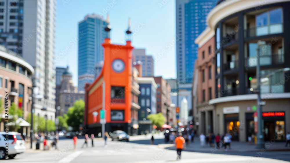 Obraz premium Blurry cityscape with modern buildings, orange clock tower, and people walking in bright daylight.