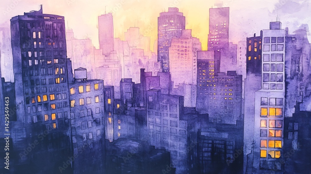 Obraz premium Watercolor cityscape at dusk with buildings dissolving into violet-gray gradients, glowing windows in soft yellow