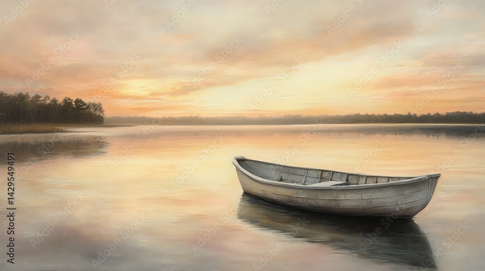 Naklejka premium Serene Sunset Lake Landscape Peaceful Rowboat Golden Hour Tranquil Water Scenery Calm Nature Scene Soft Light Artistic Painting Beautiful Stillness 