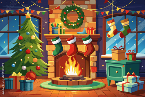 vector of Christmas stockings hanging by the fireplace in a cozy winter home. Christmas season with family