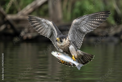 Peregrine Falcon in Flight Holding Prey Over Water