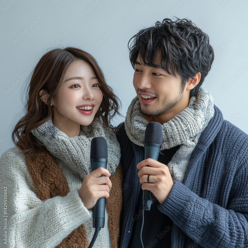 Young couple in wool sweaters singing with microphones against a neutral background. They smile joyfully in a cozy, intimate atmosphere.