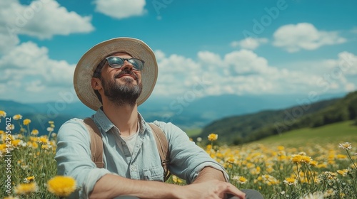 Obraz na płótnie Young bearded man with sunglasses enjoying sunshine in a field of yellow flowers, wearing straw hat and backpack. w salonie