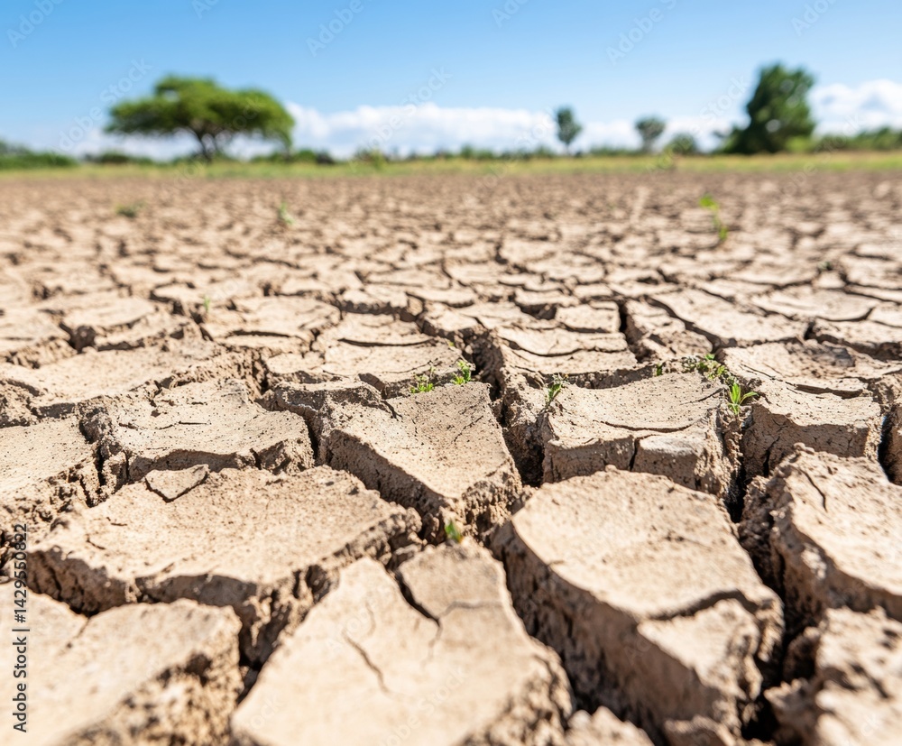 Cracked dry soil with sparse green in background, illustrating drought and climate change impact on farmlands.