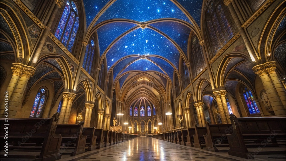 Interior view of a cathedral featuring ornate architecture, stained glass, and a starry ceiling created with generated ai Interior view of a cathedral featuring ornate architecture, stained glass, and a starry ceiling created with generated ai