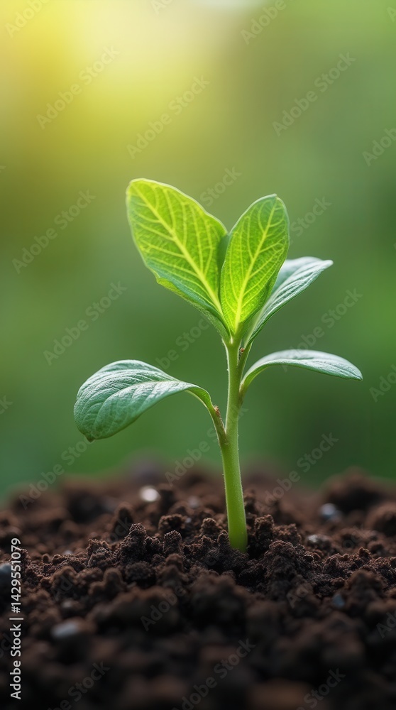 Peaceful young seedling sprouting from rich soil in garden Peaceful young seedling sprouting from rich soil in garden