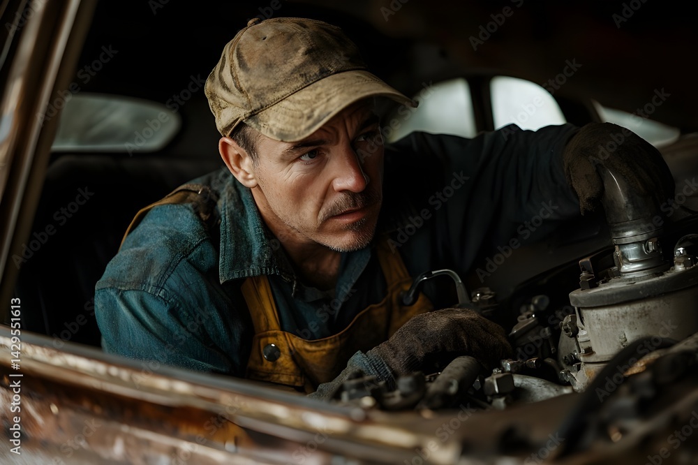 The mechanic diligently bends under the bonnet, sweat dripping, the old engine awaits a new breath The mechanic diligently bends under the bonnet, sweat dripping, the old engine awaits a new breath