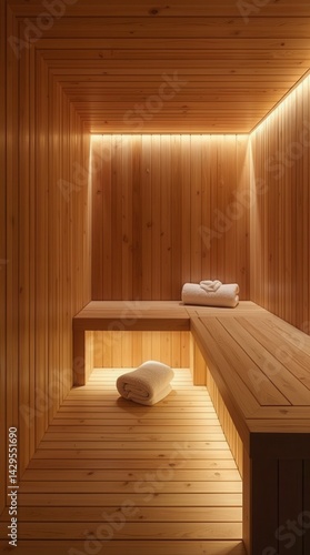 Peaceful wooden sauna interior with ambient lighting