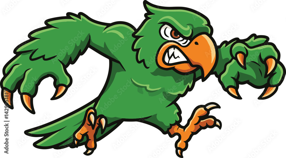 Fototapeta premium An illustration of a cartoon green parrot with an orange beak and claws running aggressively forward