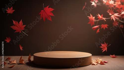 Round wooden product podium isolated on darn brown background with red maple leaves, perfect for product presentation for advertising. Empty showcase for eco cosmetic product presentation.