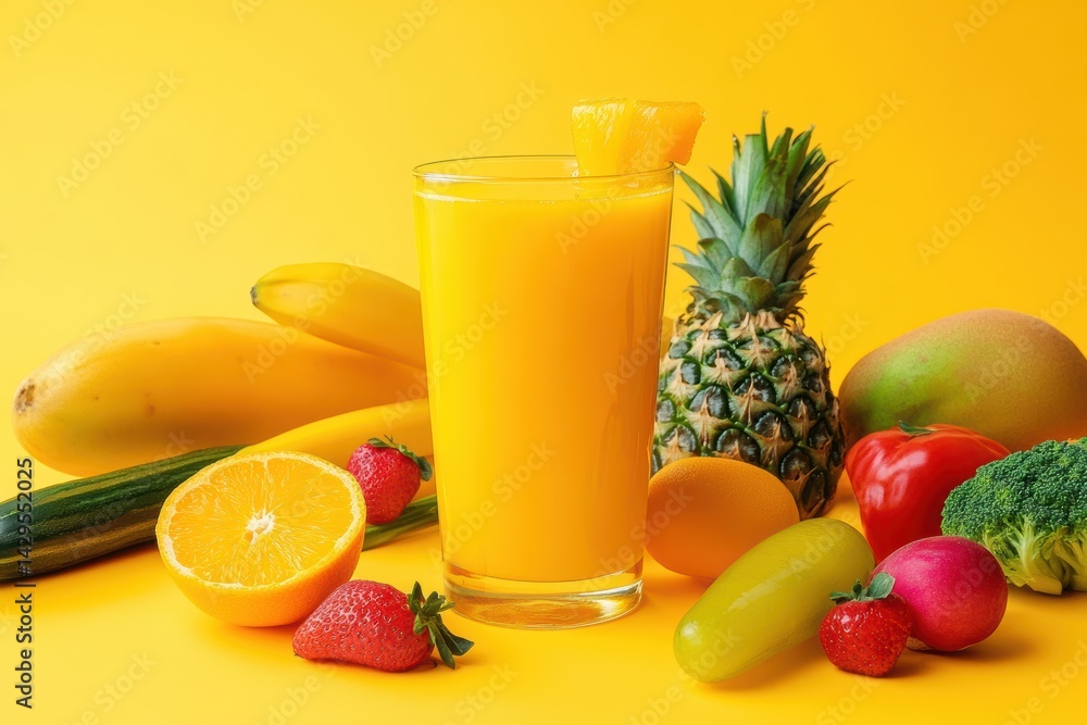 Refreshing tropical fruit smoothie served with vibrant fruits against a yellow backdrop Refreshing tropical fruit smoothie served with vibrant fruits against a yellow backdrop