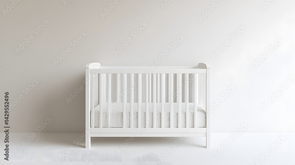 white baby crib with minimalist design is placed against plain wall, creating serene and peaceful atmosphere white baby crib with minimalist design is placed against plain wall, creating serene and peaceful atmosphere