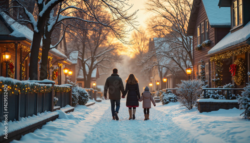 Family enjoying a winter stroll together in a snowy neighborhood  