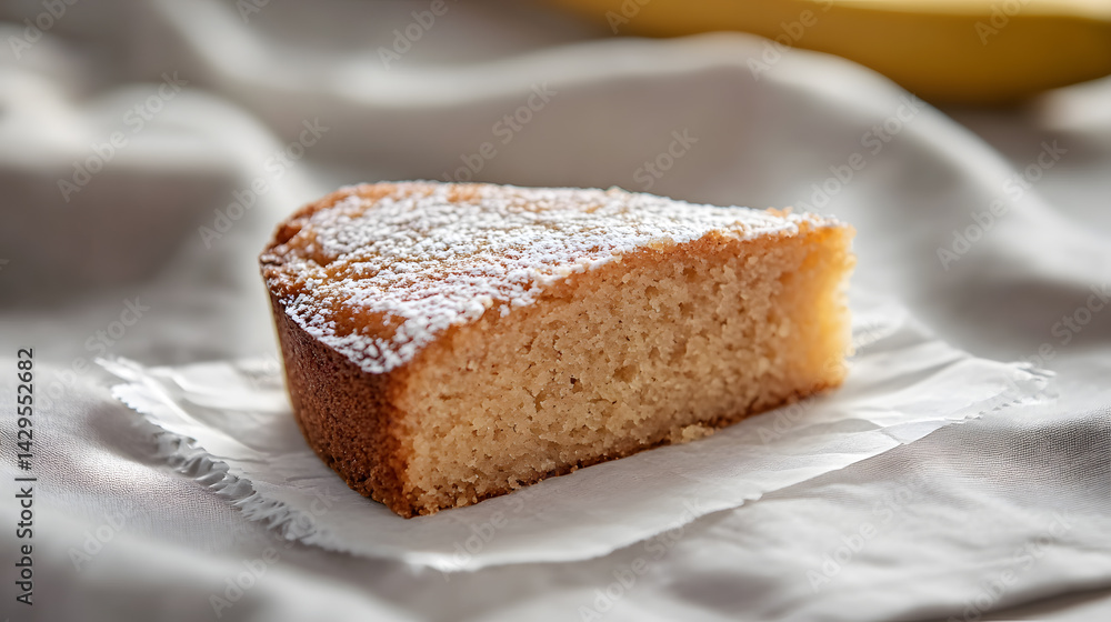 slice of banana cake with powdered sugar on napkin, soft and moist texture slice of banana cake with powdered sugar on napkin, soft and moist texture