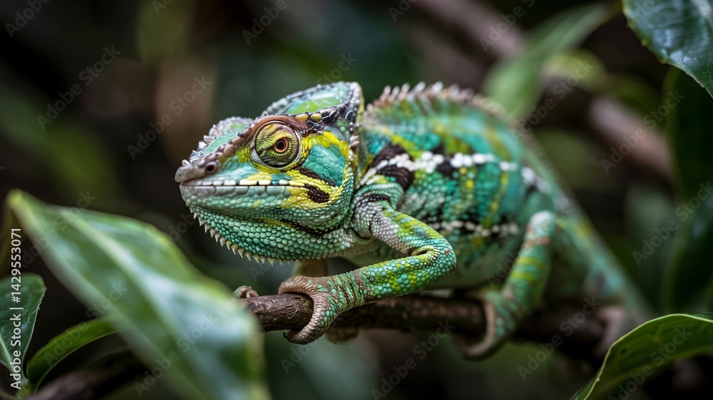 Fototapeta premium Vibrant Chameleon Perched on Branch with Intricate Textures