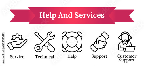 : Help and services - support, technical, vector icon sheet collection line