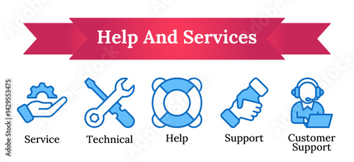 : Help and services - support, technical, vector icon sheet collection blue fill