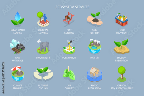 3D Isometric Flat Vector Illustration of Ecosystem Services , Labeled Educational Provisioning