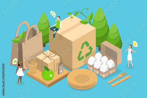 3D Isometric Flat Vector Illustration of Recyclable Sustainable Packaging, Biodegradable Materials
