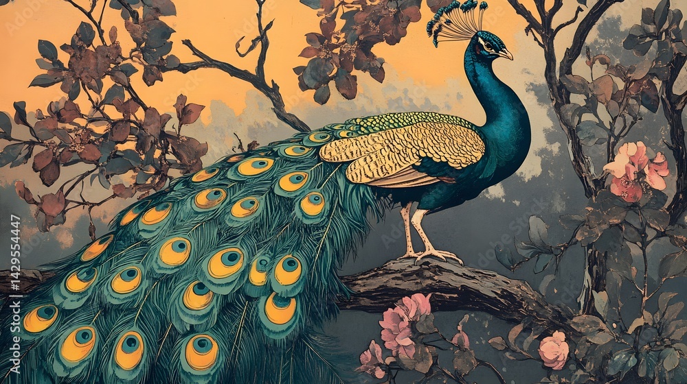 Peacock and nightingale, color woodcut, published in 1897
