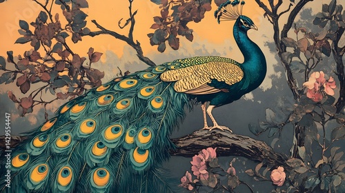 Obraz na płótnie Peacock and nightingale, color woodcut, published in 1897
w salonie