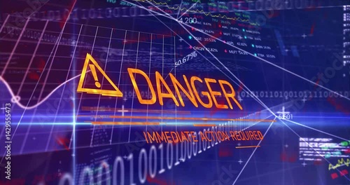 DANGER text glowing near warning triangle pulsing over hologram grid with streaming arrows, code