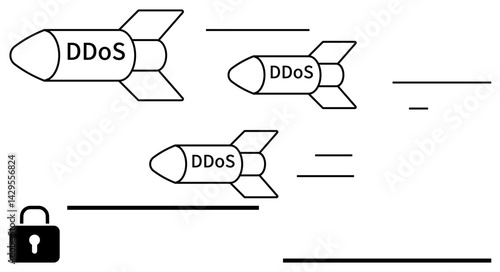 Missiles labeled DDoS racing toward a lock symbol, visualizing cyber attacks. Ideal for cybersecurity, hacking, internet security, DDoS attacks, online threats, network protection, flat simple