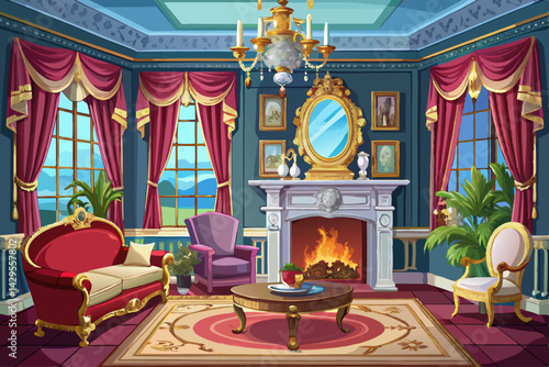 vector of Beautiful Victorian living room with fireplace and luxurious decor