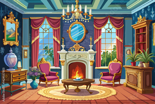 vector of Beautiful Victorian living room with fireplace and luxurious decor