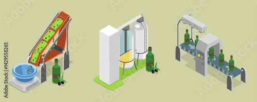 3D Isometric Flat Vector Illustration of Production of Olive Oil , Manufacture Process Stages