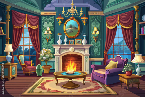 vector of Beautiful Victorian living room with fireplace and luxurious decor