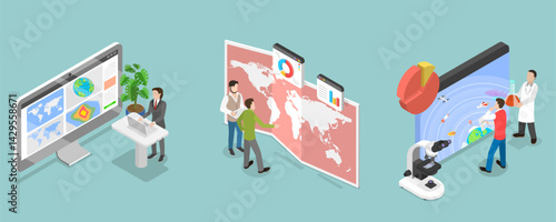 3D Isometric Flat Vector Illustration of Studying Data for Weather Forecasting, Meteorology Scenes