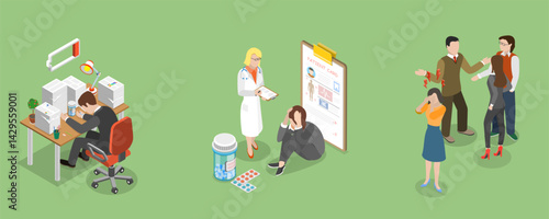 3D Isometric Flat Vector Illustration of Emergency Psychiatry, Psychological Problems