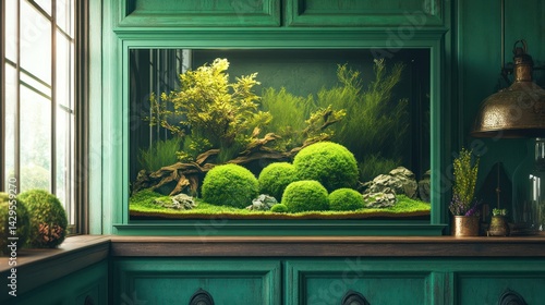 Aquarium with moss balls in a vintage green cabinet for home decor and zen vibes