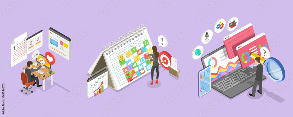 Fototapeta premium 3D Isometric Flat Vector Illustration of Social Media Marketing, Communication, Promotion Strategy