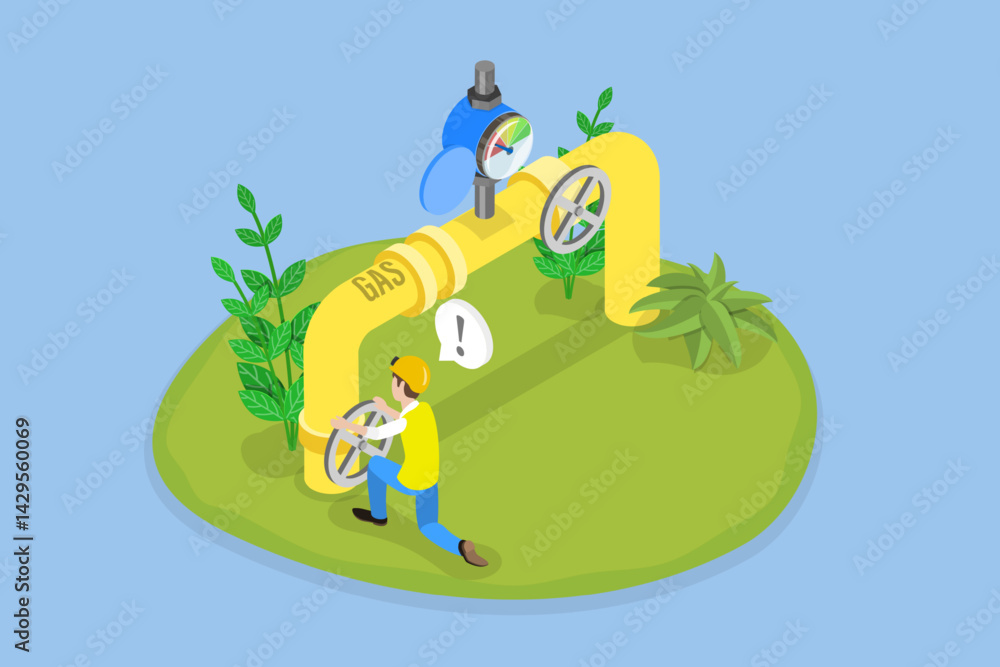 Obraz premium 3D Isometric Flat Vector Illustration of Oil or Gas Pipeline Service, Pumping Station Transport Industry