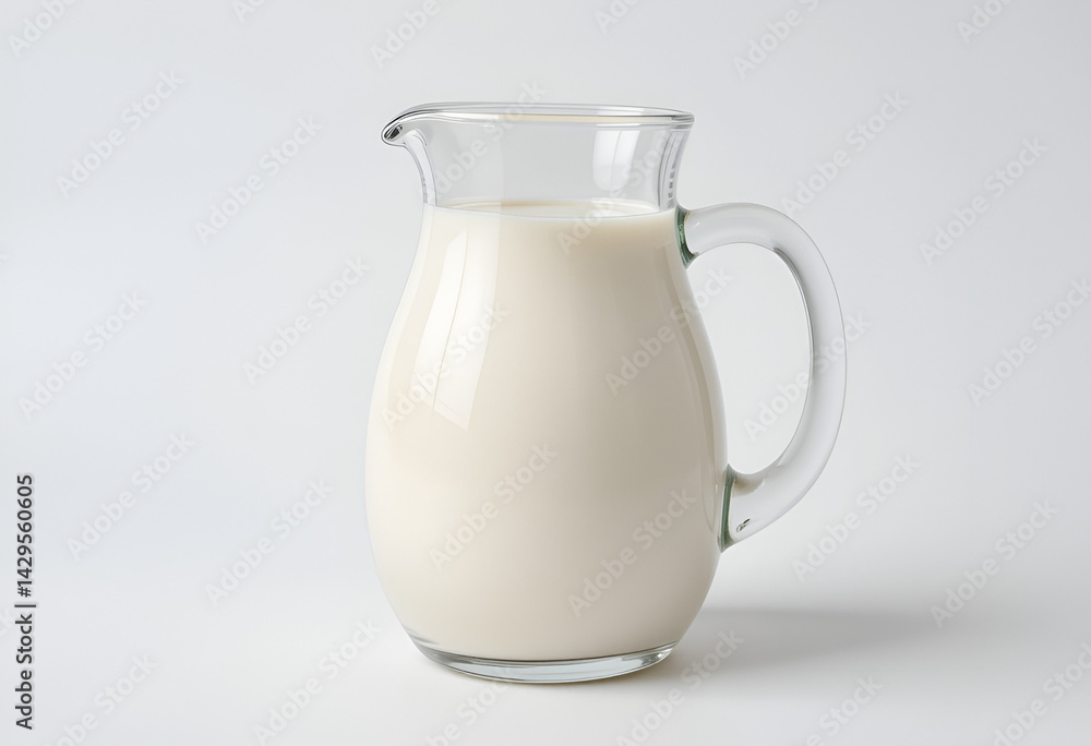 Glass Pitcher Filled with White Milk Isolated on White for Dairy and Breakfast Concepts Featuring a Clear Jug of Fresh Milk for Nutrition and Refreshment Imagery: Glass, Pitcher, White, Milk, Isolated Glass Pitcher Filled with White Milk Isolated on White for Dairy and Breakfast Concepts Featuring a Clear Jug of Fresh Milk for Nutrition and Refreshment Imagery: Glass, Pitcher, White, Milk, Isolated