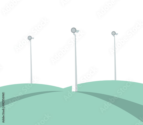Minimalist green hills landscape with three lamp posts vector illustration 